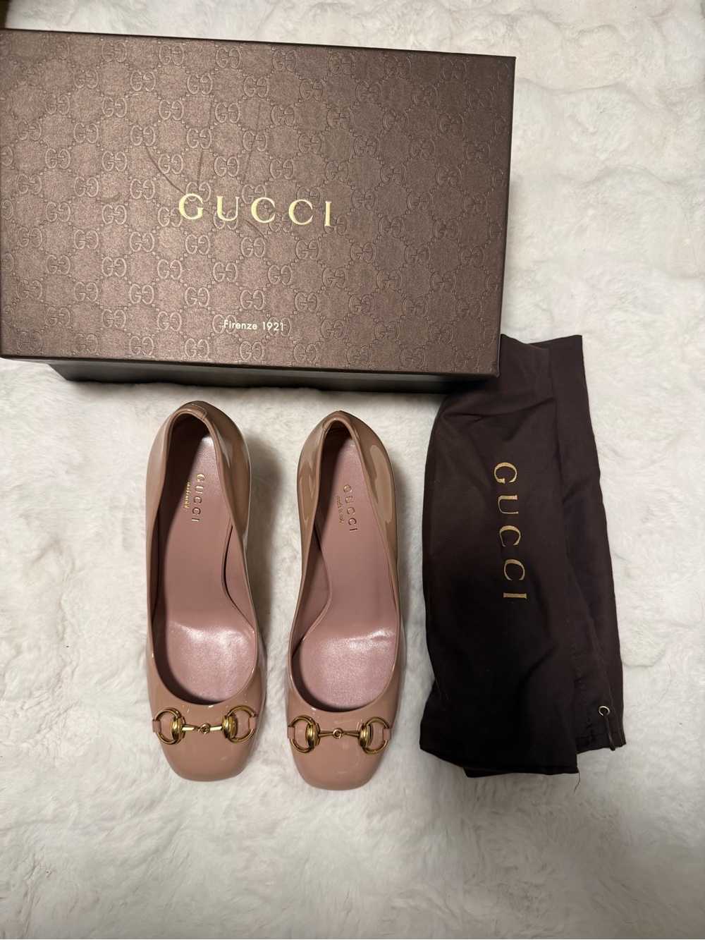 Gucci Women’s Blush Patent Leather Horsebit Pumps